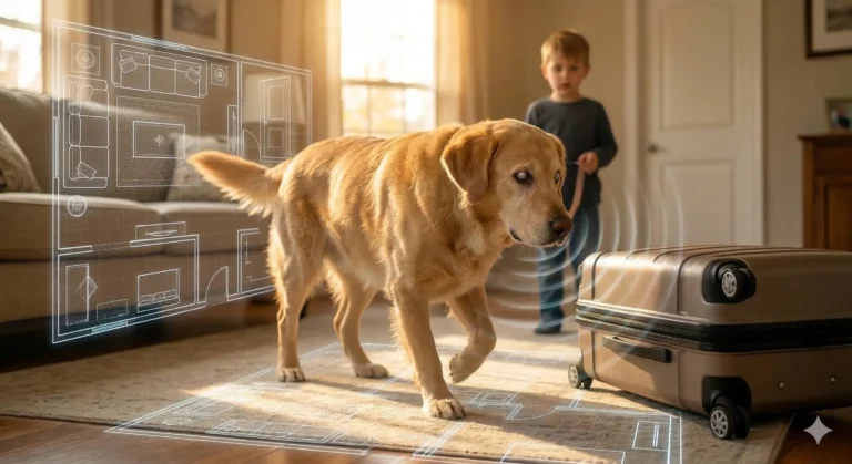 Perro ciego que lleva el sonar Echo Smart Activ® — visión sonora para una navegación diaria segura.