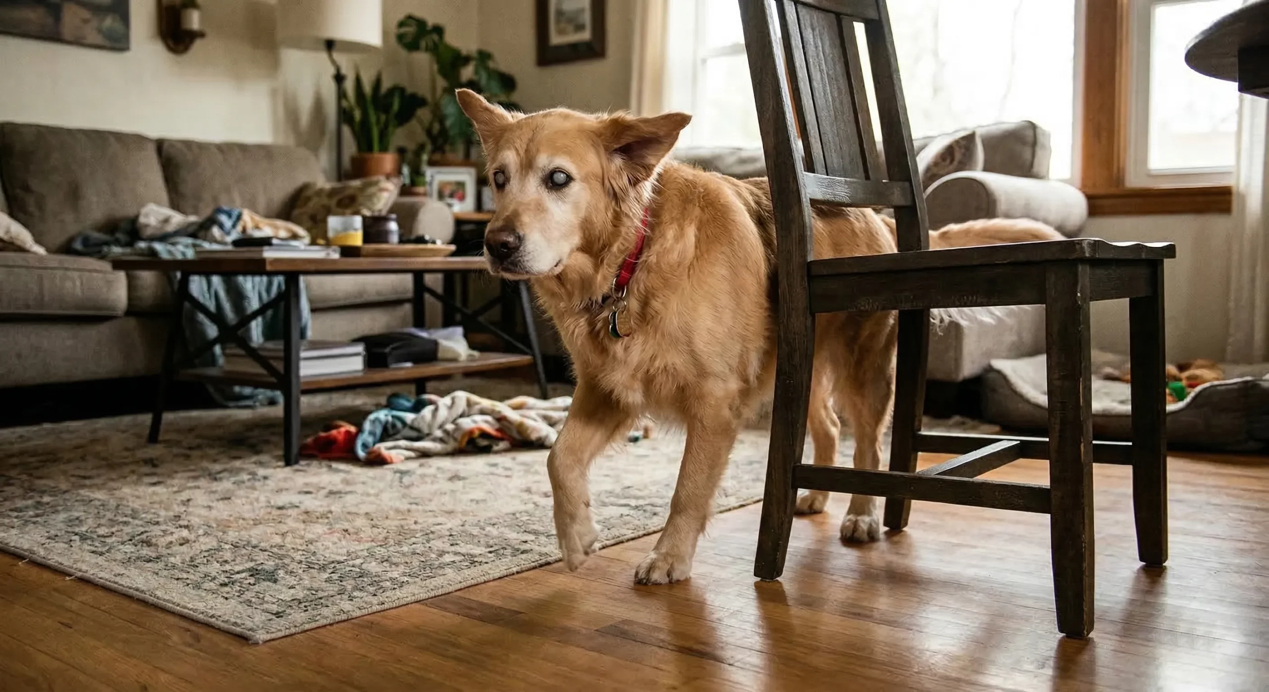 Chien aveugle utilisant ses sens naturels — odorat et ouïe ne suffisent pas face aux obstacles imprévus