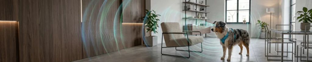 Chien aveugle équipé du sonar Echo Smart Activ utilisant l'écholocalisation pour se déplacer en toute confiance