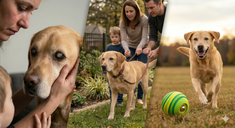 Blinder Hund, der sich mit Hilfe seiner Familie anpasst — blinde Hunde passen sich schnell an
